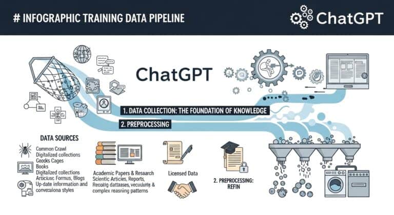 ChatGPT training data pipeline infographic: Data collection, preprocessing, refining, and sources.